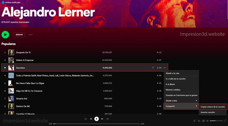 Como hacer un llavero de Spotify-Copiar enlace de la canción en Spotify