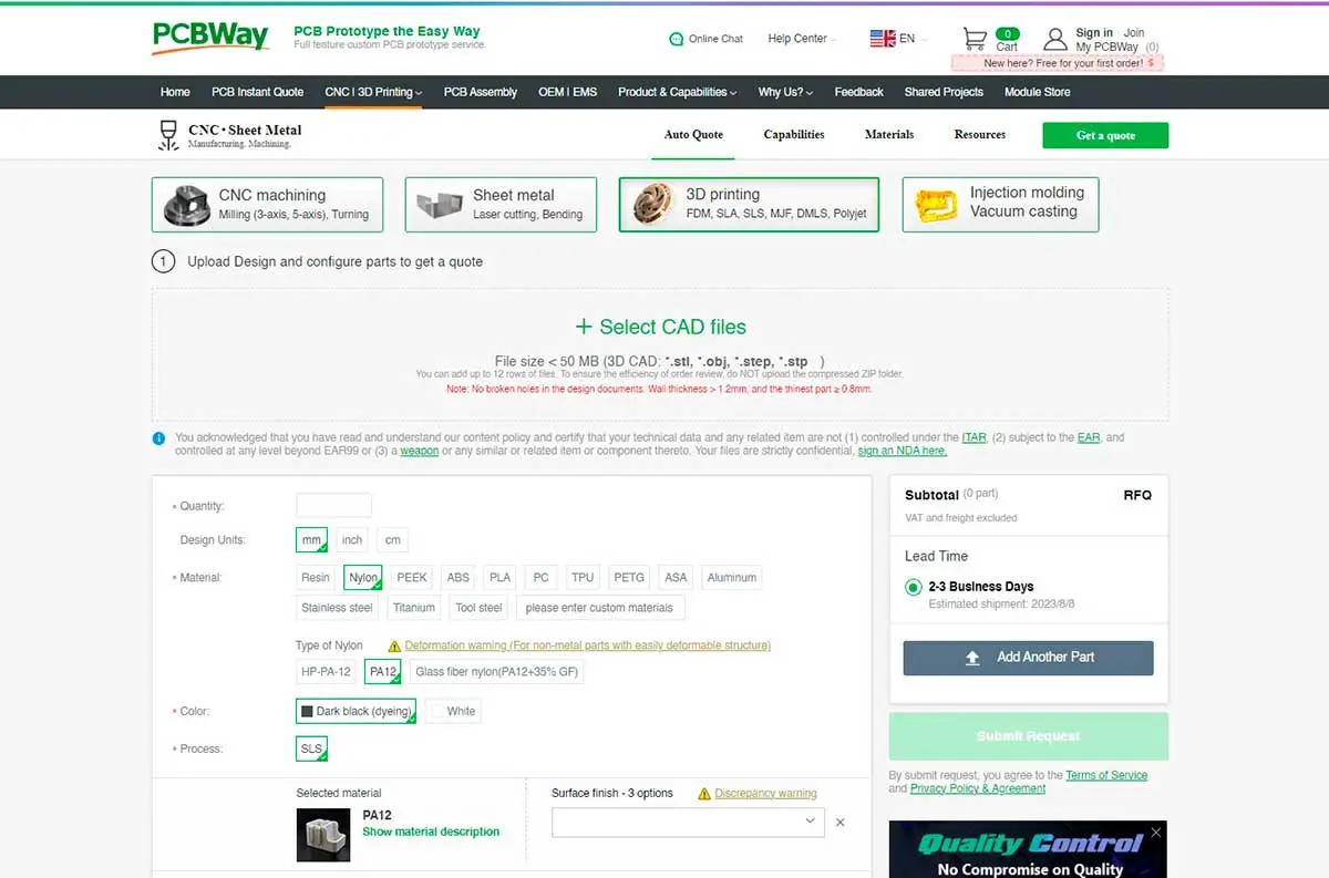 mecanizado CNC o moldeo por inyección, calculadora en línea de PCBWay