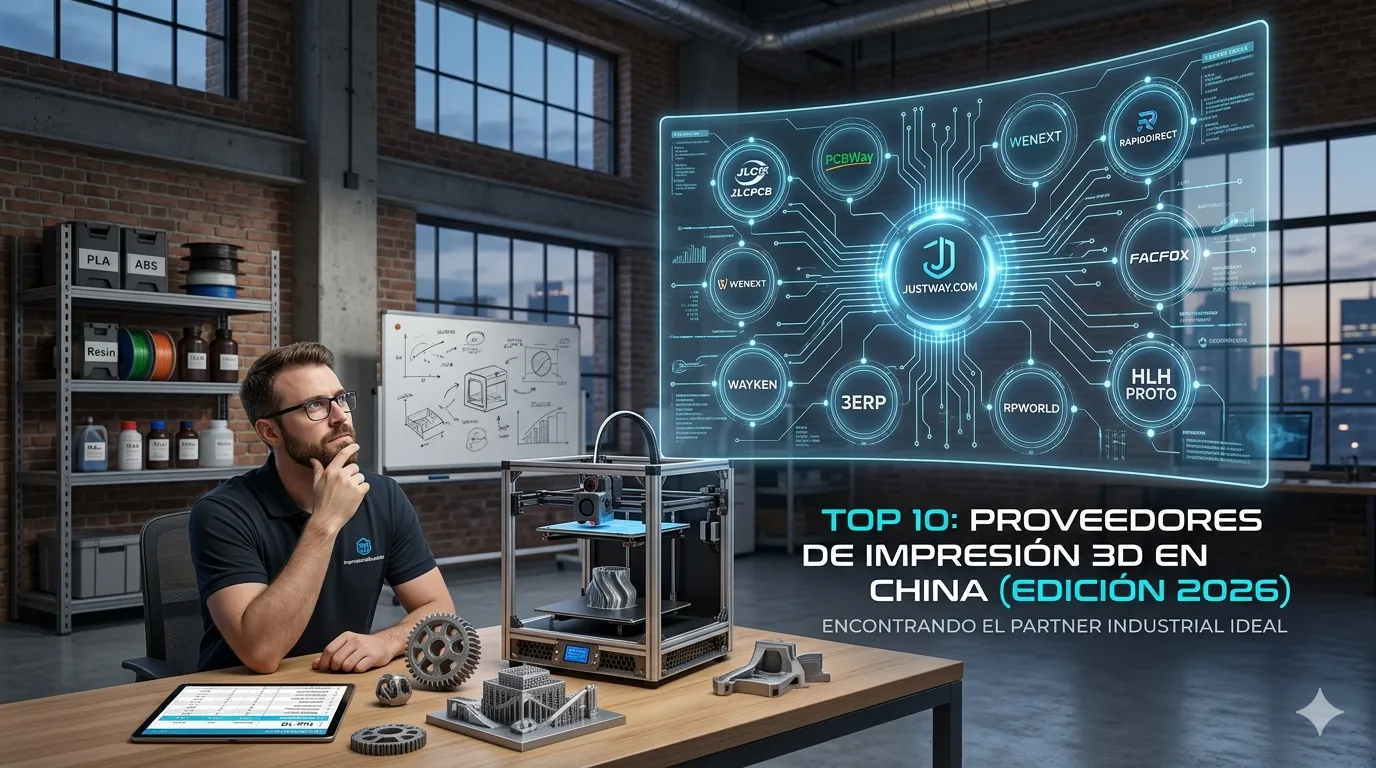 Portada del artículo: Un ingeniero analizando opciones de fabricación aditiva, con los logos de Justway.com, JLCPCB, PCBWay y otros proveedores chinos flotando como paneles holográficos en un entorno tecnológico industrial de 2026.