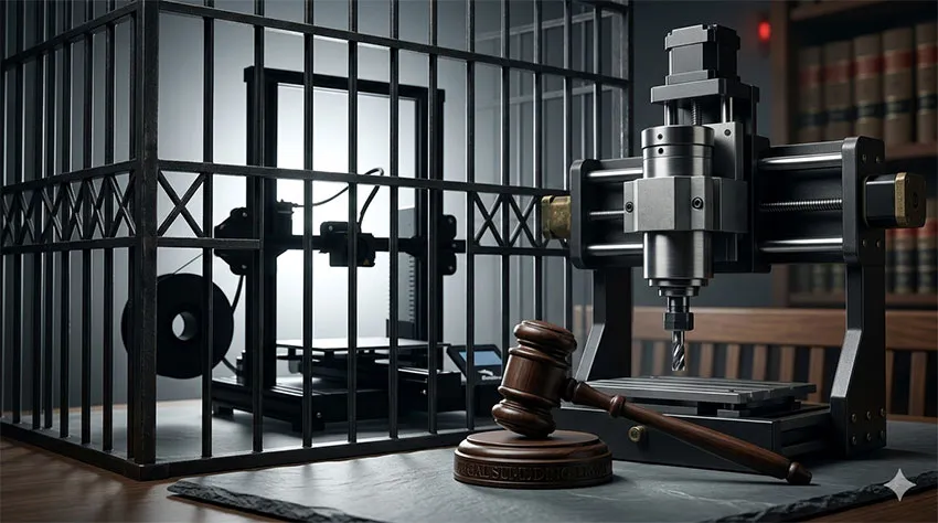 Concepto legal de la ley AB 2047 en California: una impresora 3D y un cabezal CNC tras las rejas con un mazo de juez, representando las restricciones a la fabricación aditiva.