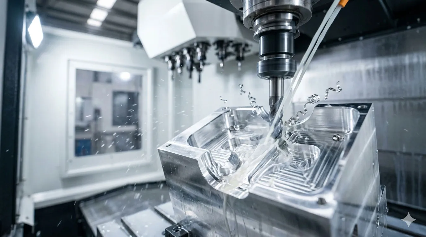 Primer plano macro de una fresa de 5 ejes esculpiendo aluminio 7075 con refrigerante, ilustrando la precisión de las mejores empresas de mecanizado CNC en China en 2026.
